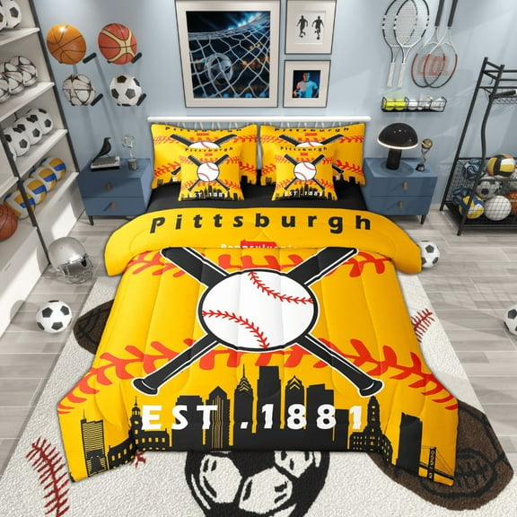 YST 7 Pcs Comforter Set Full Size,Rugby Bed in a Bag with Flat Sheet and Fitted Sheet for Kids and Adults,Baseball Player Bedding Set with Pillowcase and Sham(Pittsburgh)