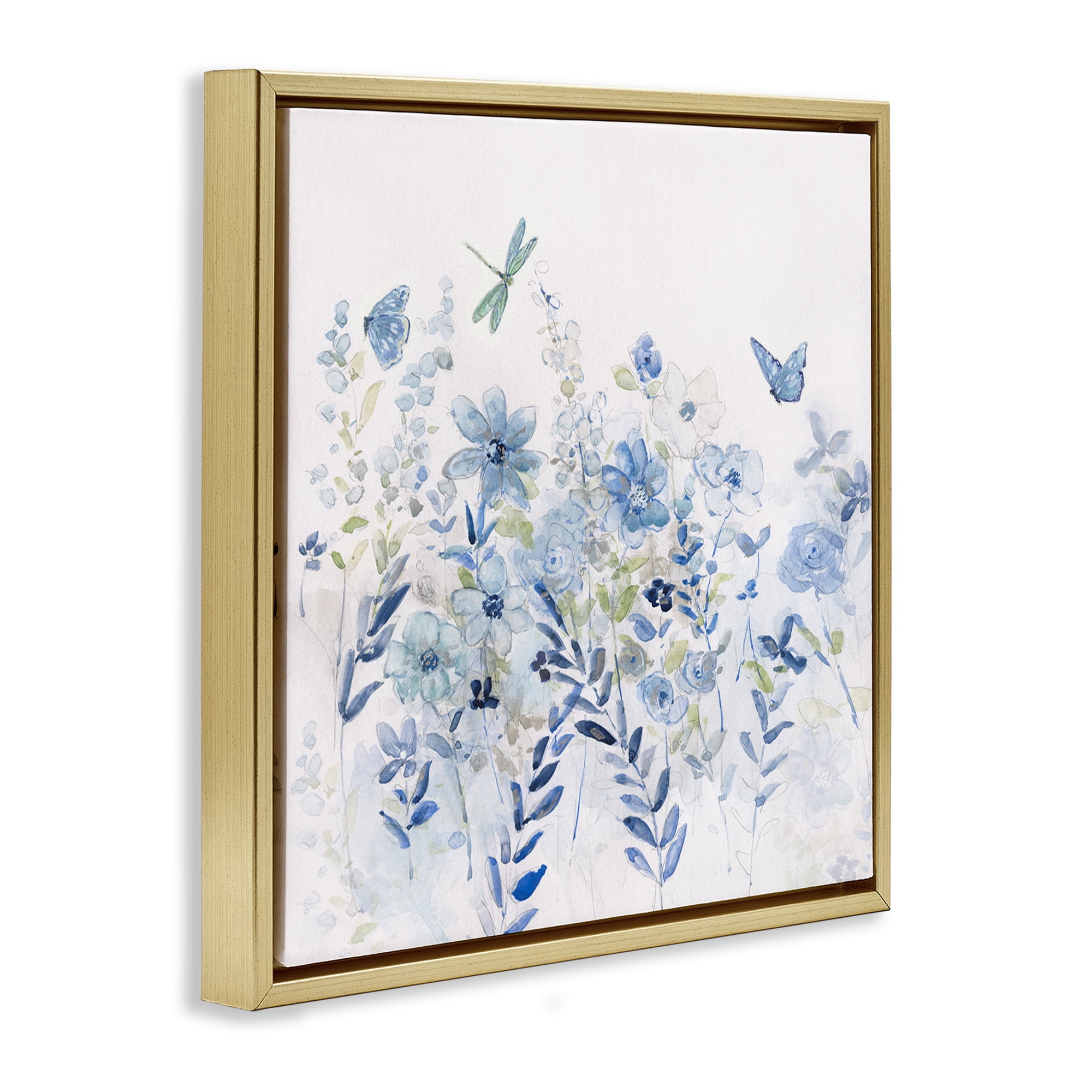 Stupell Industries Delicate Blue Floral Garden Botanical & Floral Painting Gold Floater Framed Canvas Art Print Wall Art, 25 x 25