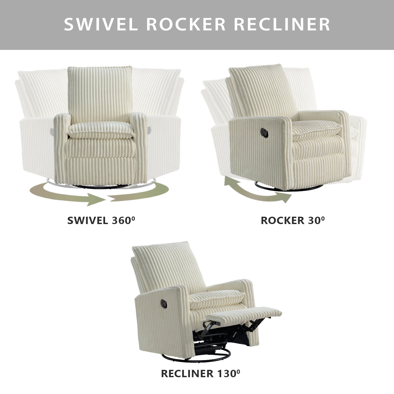 Oxford Baby Uptown Upholstered Glider Recliner Rocking Chair 360° Swivel for Nursery and Living Room – Corduroy Pearl White​