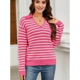 thumbnail image 2 of Womens Sweaters 2025 V Neck Long Sleeve Striped Tops Fall Winter Comfy Knit Clothes Pullover Sweater Pink & White L, 2 of 7