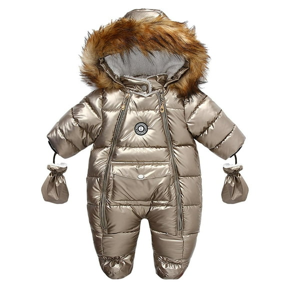 Edvintorg Newborn Infant Baby Winter Hooded Snowsuit Romper with Gloves Boys Girls Fashion Solid Color Thickening Keep Warm Outdoor Jumpsuit with Zipper