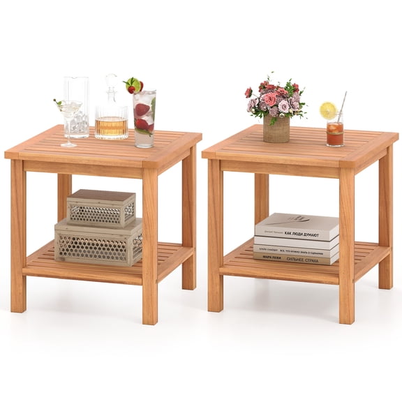 Gymax 2PCS 2-Tier Patio Acacia Wood Side Table w/ Slatted Tabletop Storage Shelf