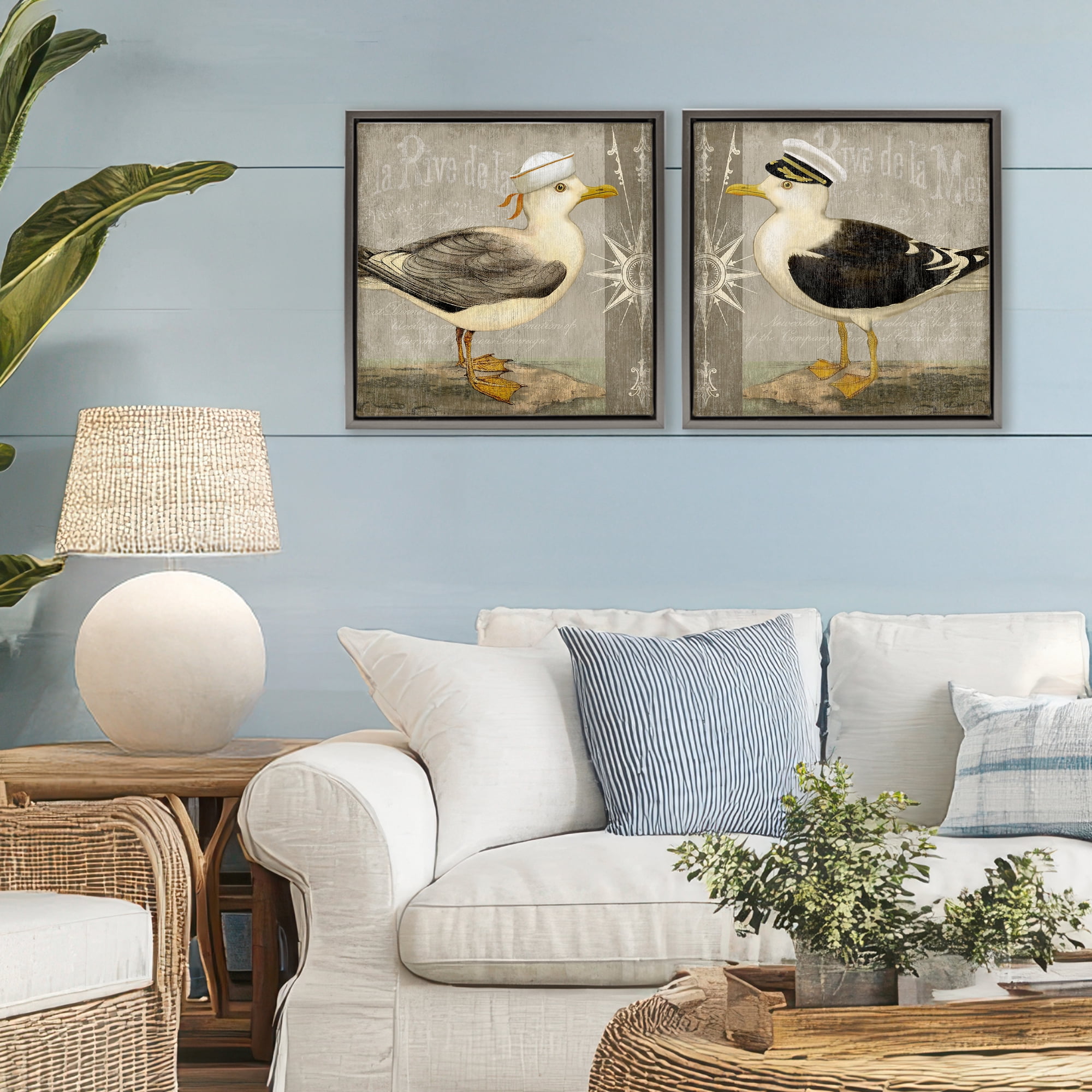 Stupell Industries Little Seagulls with Hats 2 Piece Gray Framed Floater Canvas Set, design by Suzanne Nicoll