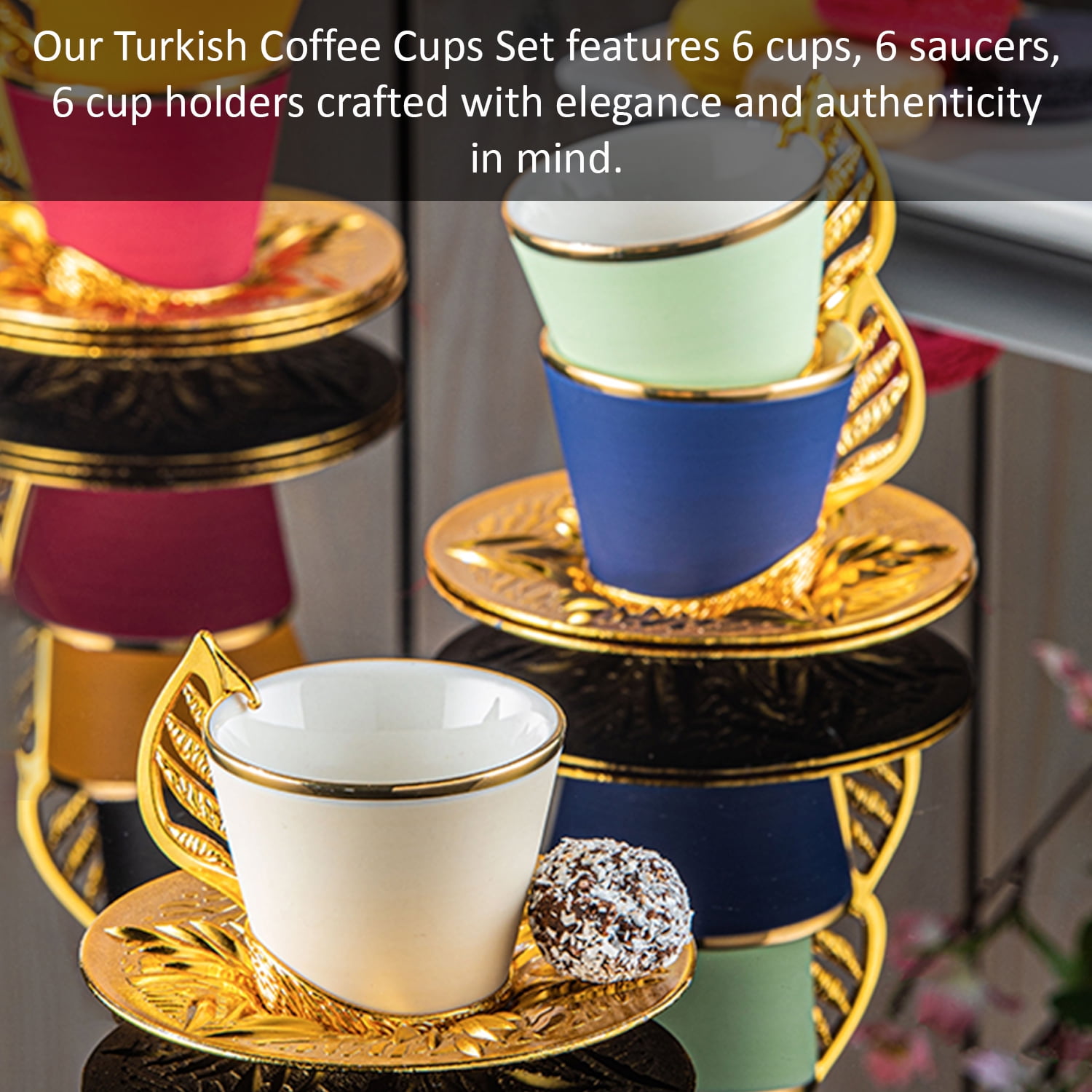 Turkish Coffee Cups Set of 6, Cuban Porcelain Fancy Espresso Cups with  Saucers