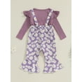 thumbnail image 4 of Suealasg Toddler Girls Fall Outfits Set Clothes 1T 2T 3T 4T 5T Fly Sleeve Ribbed T-shirt +Daisy Print Suspender Flared Pants 2Pcs Autumn Clothing for Little Girls, 4 of 7