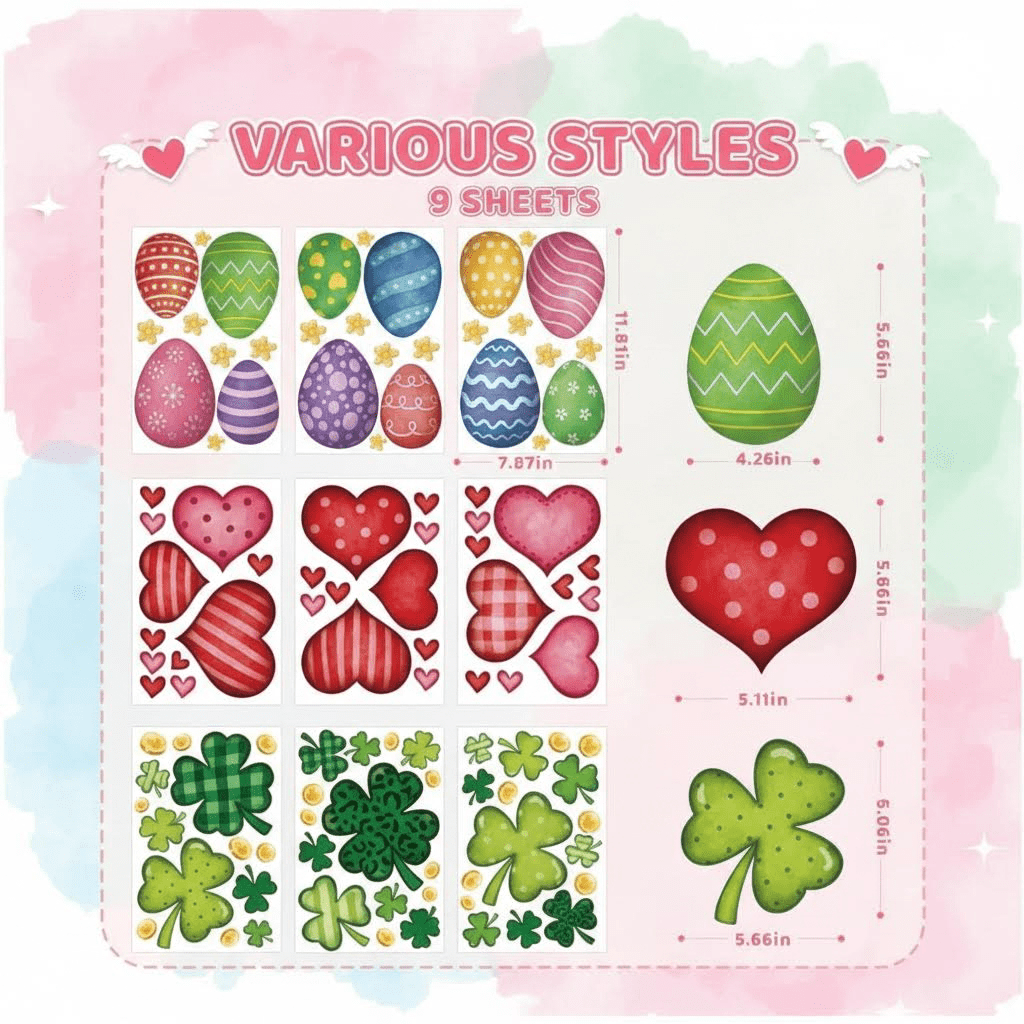 Colorful Spring Holiday Window Cling Decorations Set - Large Shamrock, Easter Egg, and Heart Stickers for Glass Doors, Bathroom, Office, and Home Party Supplies