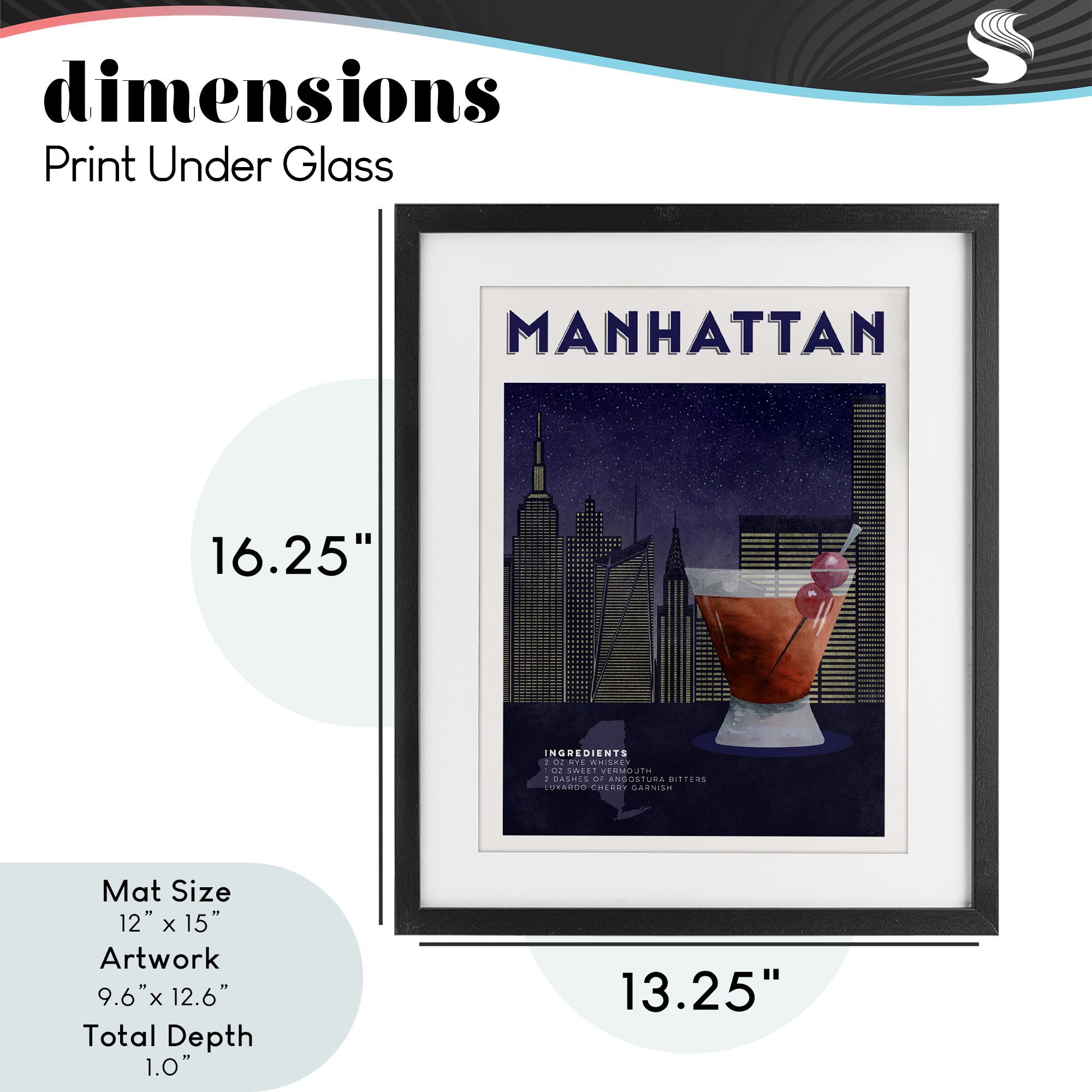 Retro Manhattan Cocktail Cityscape Black Framed Print Under Glass, design by Brett Blumenthal