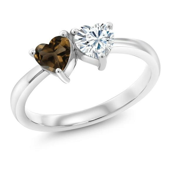 Gem Stone King 925 Sterling Silver Fashion Right-Hand Ring Heart Shape Brown Smoky Quartz and Moissanite (0.86 Cttw, Size 5)