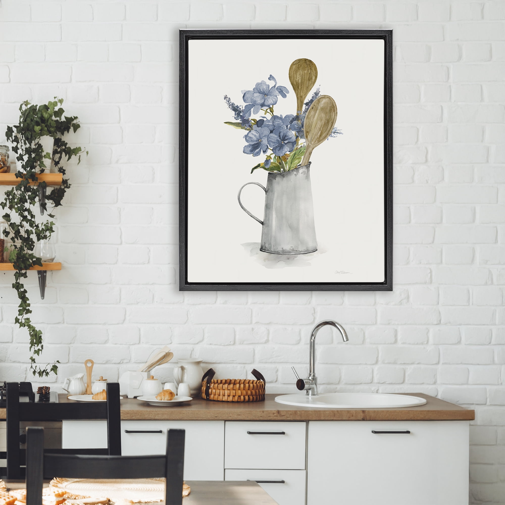 Stupell Industries Kitchen Spoons & Blue Blooms Black Framed Floater Canvas Wall Art, design by Carol Robinson