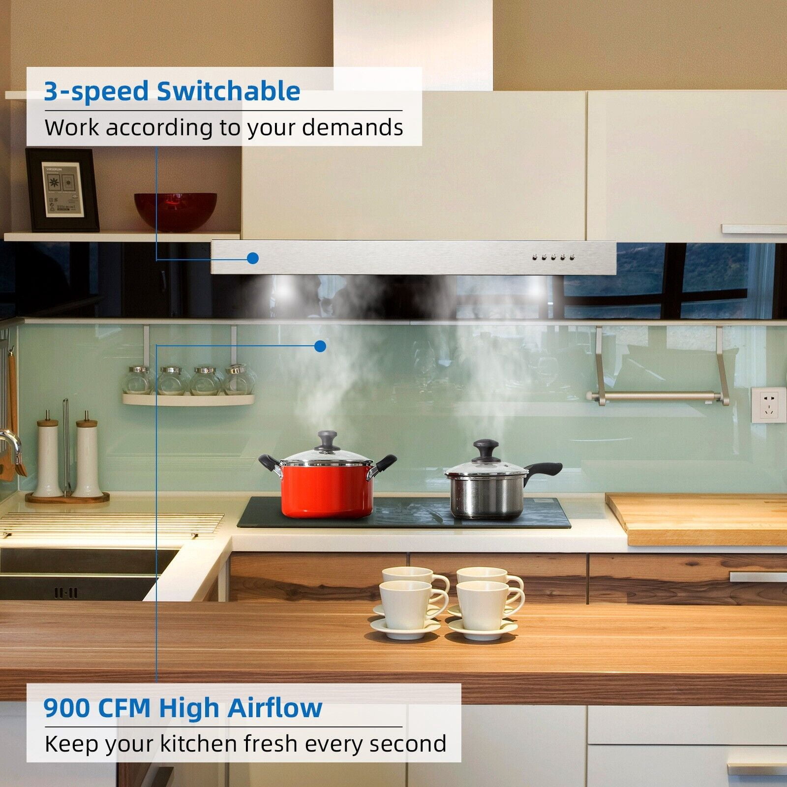 30 inch Kitchen Wall Mount Range Hood 900CFM T-Shape Stove Vent Hood 3-Speed Wall Mount Range Hood 30 Inch 900CFM Vent Hood T Shape with Stainless Steel Stove Hood Split Type Permanent Grease Baffle