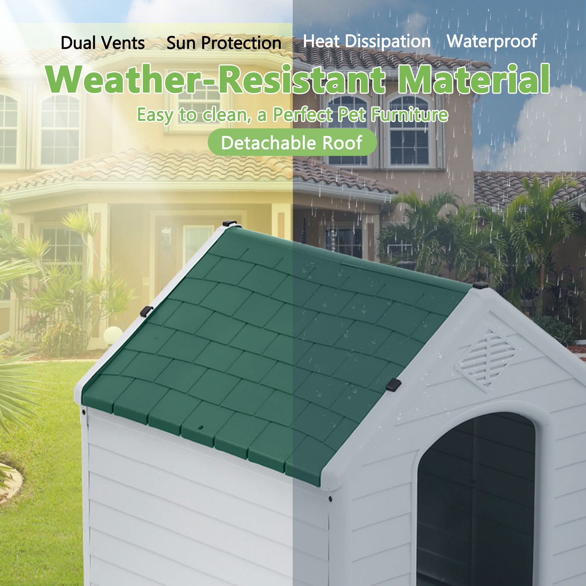 CL.HPAHKL Durable Plastic Dog House Outdoor Indoor, Waterproof Pet House for Small Medium Dogs, Insulated Puppy Shelter Doghouse with Elevated Floor and Air Vents(Green, 34 inch)