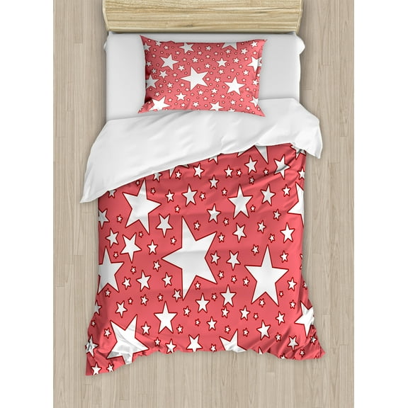 Coral Duvet Cover Set, Big and Small Star Burst Youthful Energetic Celebration Design, Decorative 2 Piece Bedding Set with 1 Pillow Shams, Twin Size, Coral Red White, by Ambesonne