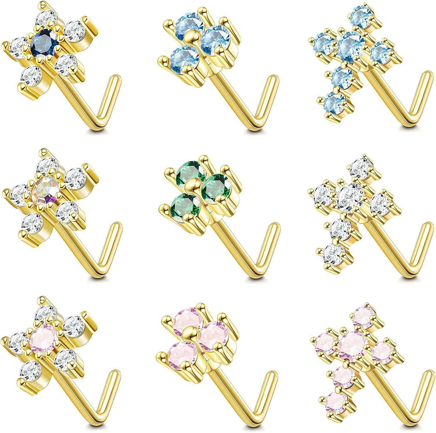 9Pcs 20G Nose Rings Stud L Shaped Nose Rings Stainless CZ Flower Cross ...