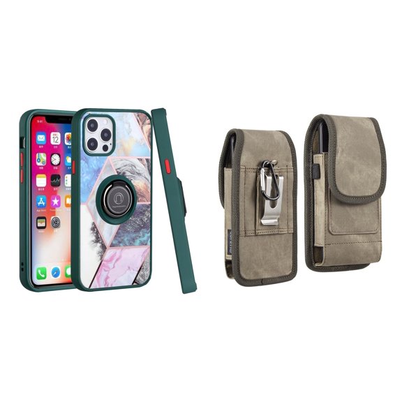 Bemz Ring Series Case for iPhone 14 Pro Max (TPU Silicone Cover with Magnetic Stand) and Vertical Rugged Denim Nylon Belt Holster Pouch (Green on Galaxy Marble/Brown)