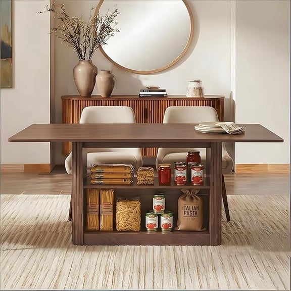 LAZZO 63.3" Rectangular Dining Table for 6 People, Modern Farmhouse Kitchen Table with 2-Tier Storage Shelf, Fluted Wood Table, Walnut