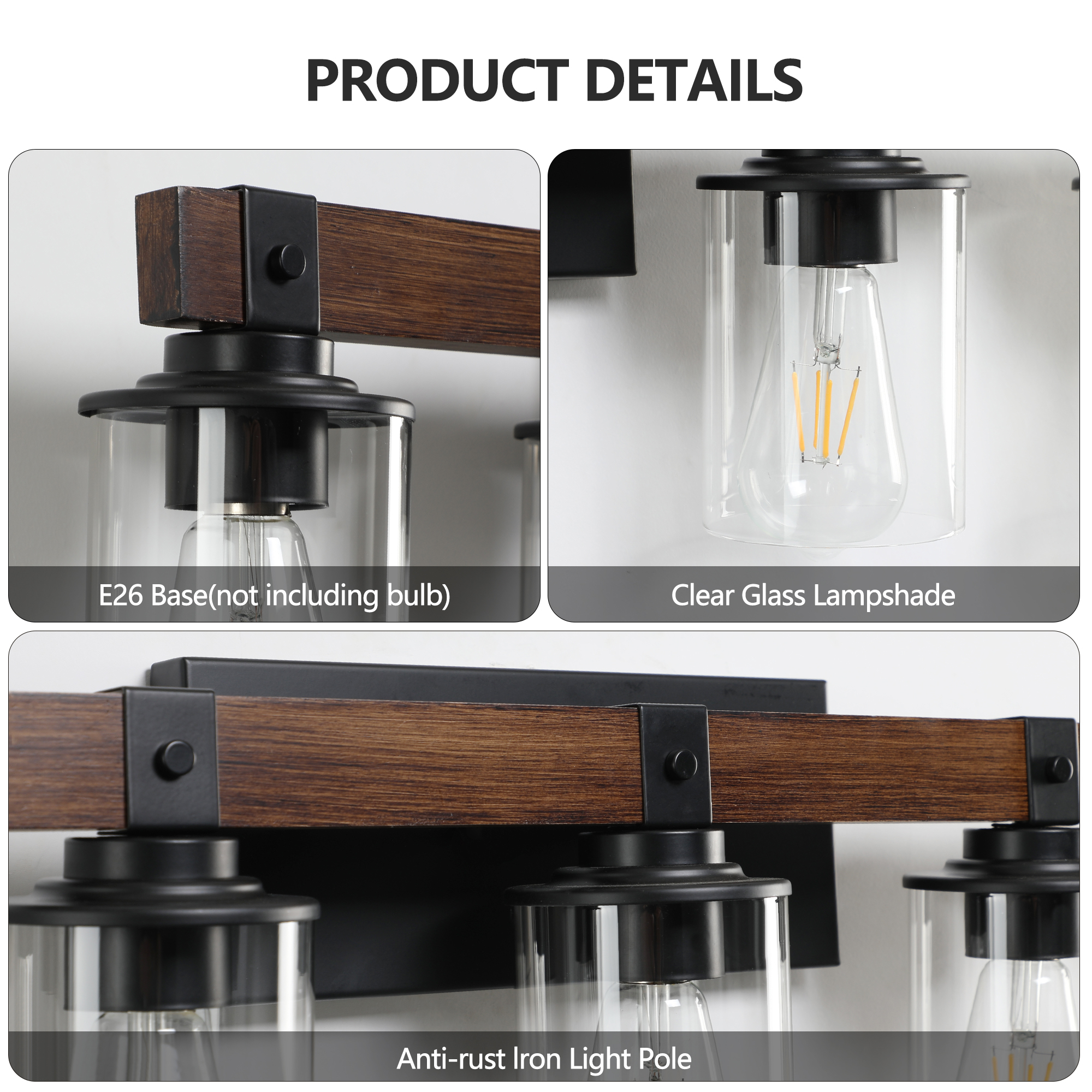 Leumius 6-Light Bathroom Vanity Light, Industrial Wall Sconce with Glass Shades and Wood Accent, Modern Farmhouse Lighting Fixture for Mirror, Bathroom, Bedroom and Hallway Walnut (No Bulbs)