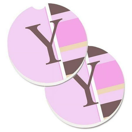 

Letter Y Initial Monogram Pink Stripes Set of 2 Cup Holder Car Coaster
