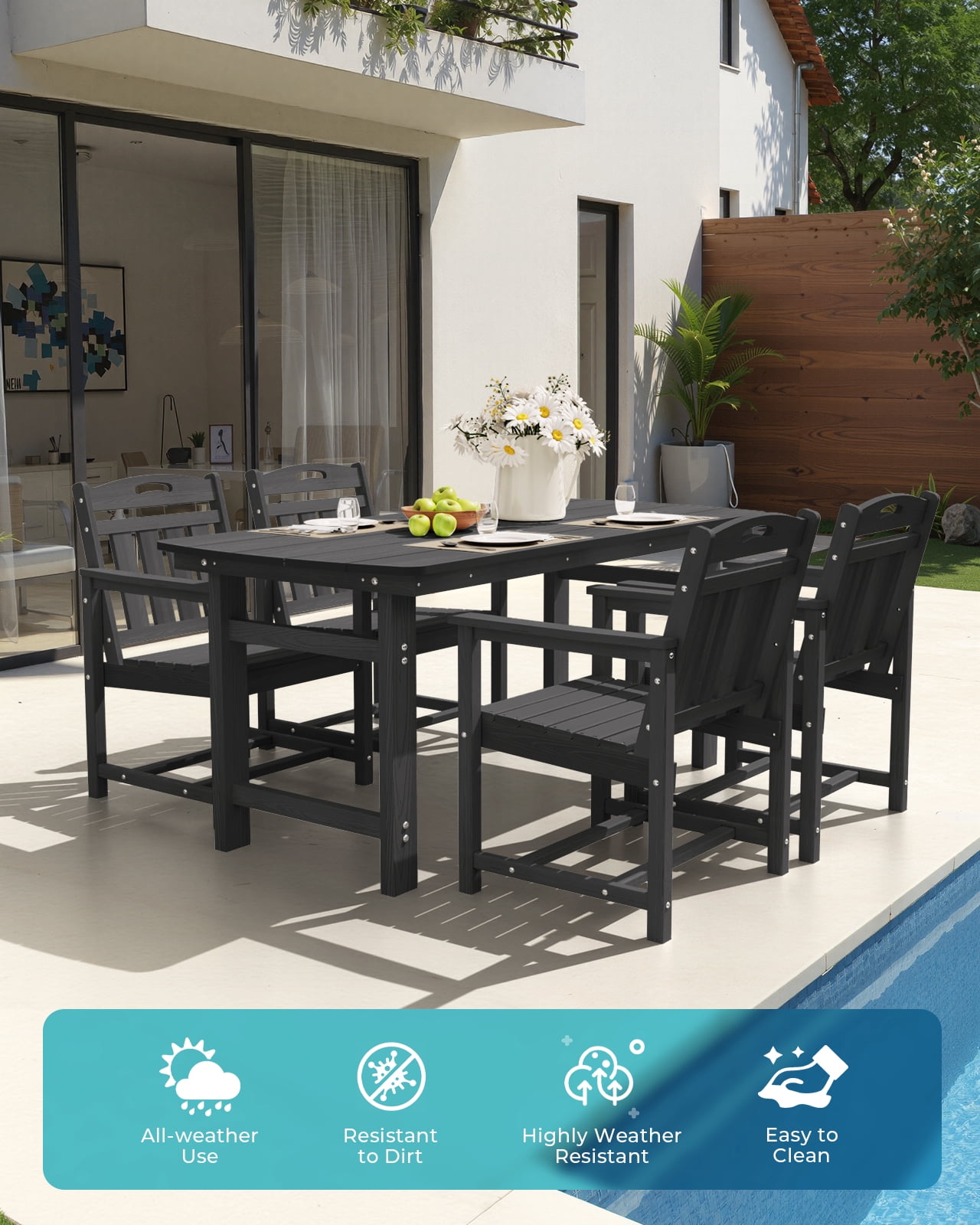 Harbweb 6-Person Weather Resistant Patio Dining Table with Umbrella Hole, Black