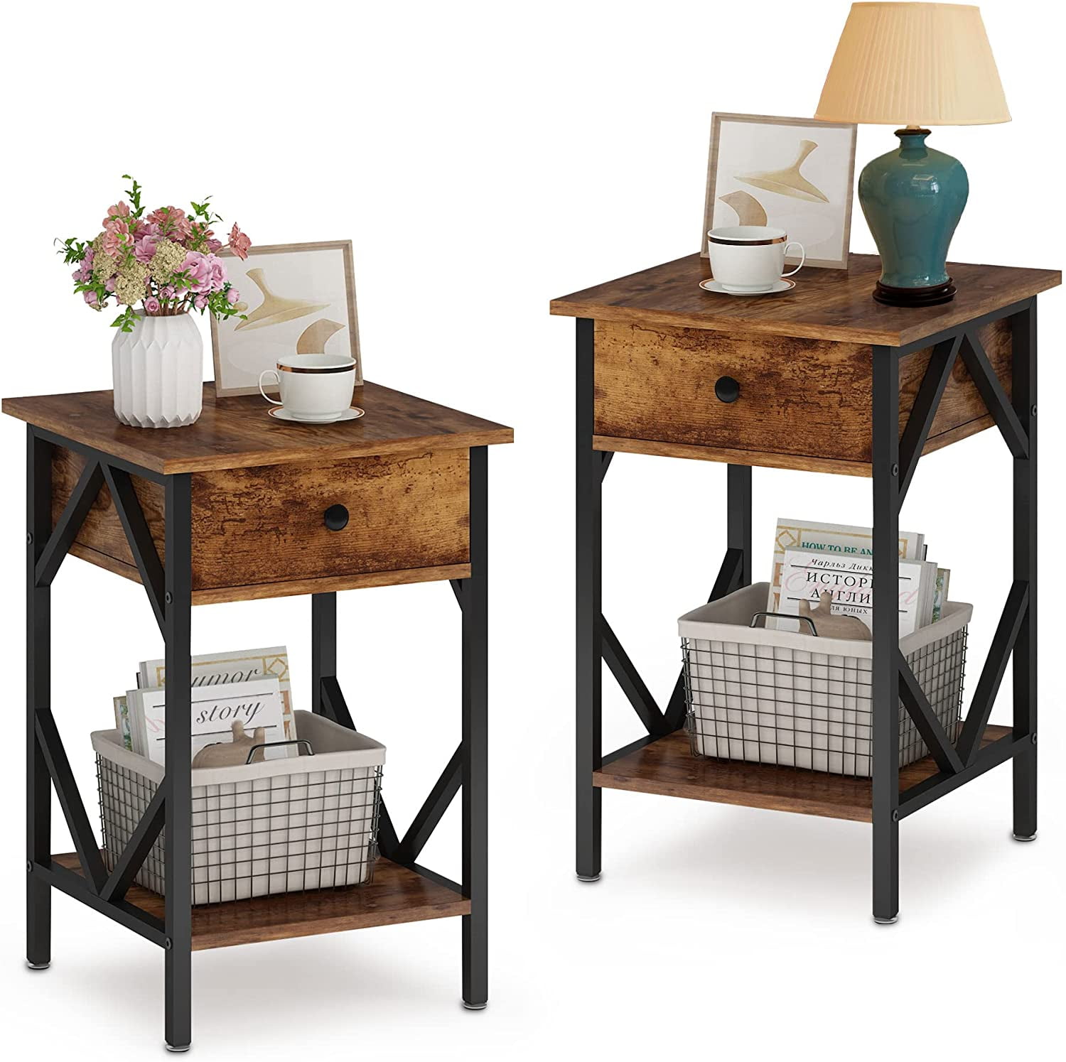 Nightstands Set of 2, Accent End Table with Drawer and Open Shelf, Side
