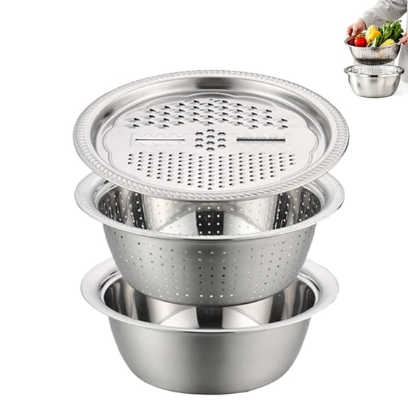 3-in-1 Stainless Steel Grater Bowl Colander Set Cheese Multifunctional, Multifunctional Kitchen Sieve Set, For Kitchen, Salad & Rice Rinsing