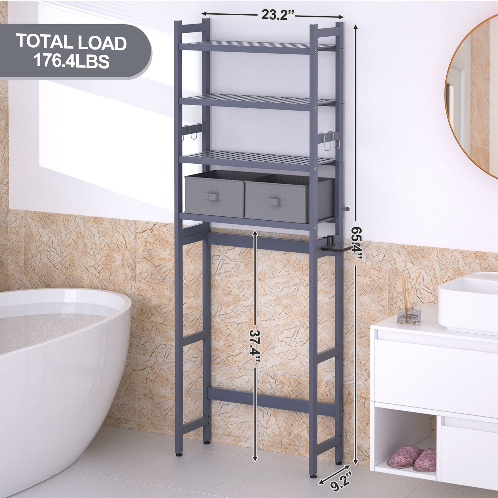 Enogets Over the Toilet Storage, Bamboo Bathroom Shelf Organizer with 2 Baskets & 4 Hooks, 4-Tier Space Saver