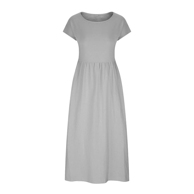 Quyuon Womens Linen Dress Summer Round Neck Short Sleeve Midi Dress with Pockets Casual Loose Pleated A-Line Swing Cotton Linen Long Dresses Beach