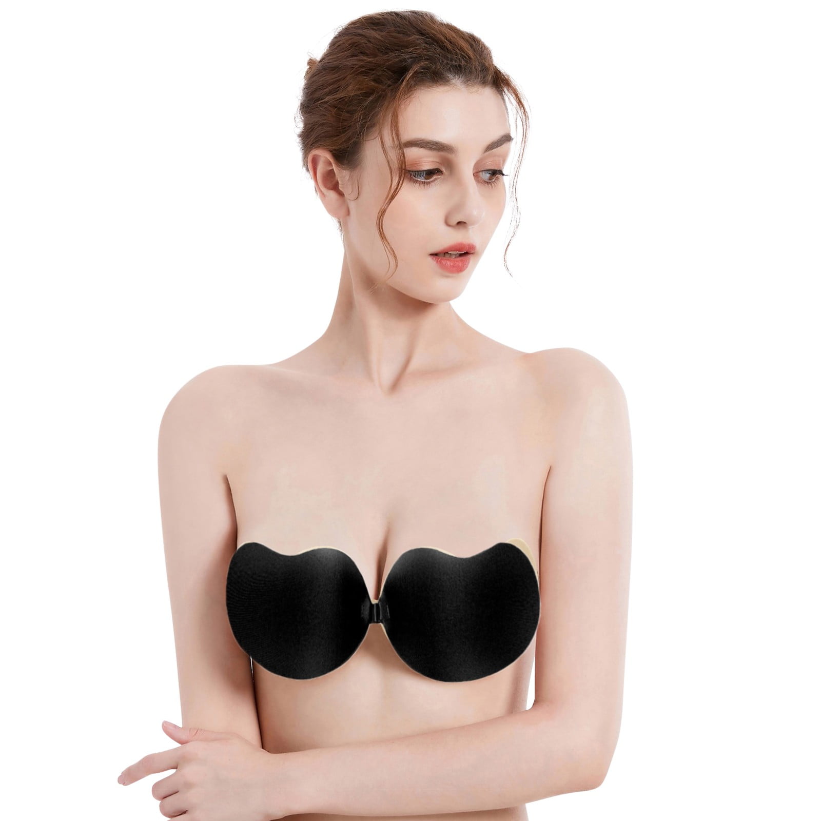 Niidor Women's Reusable Sticky Bra Push-up Invisible Lace Black Adhesive Bra  with Silicone Nipple Cover 