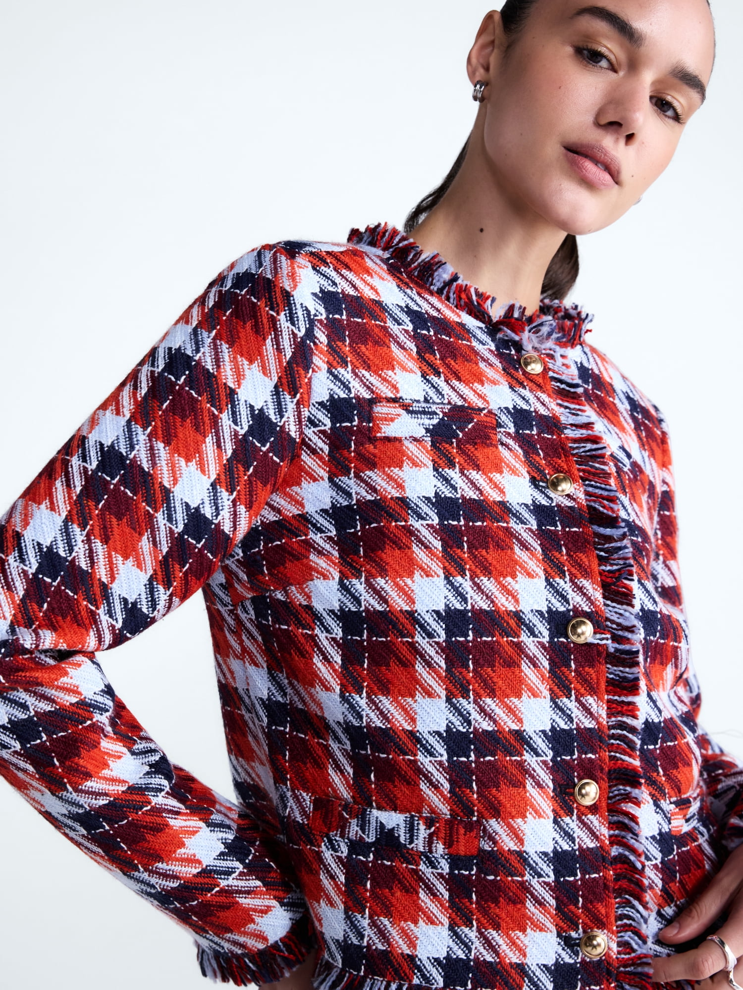 Free Assembly Women's Cropped Tweed Jacket with Fringe Trim, Sizes XS-XXL