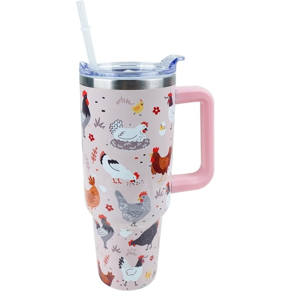 30 oz Tumbler with Handle and Straw Lid Leak Proof, Chicken and Rooster Design Coffee Travel Mug with Handle Insulated for Hot and Cold Drink Ice, Mother''s Day Birthday Gifts for Women Mom