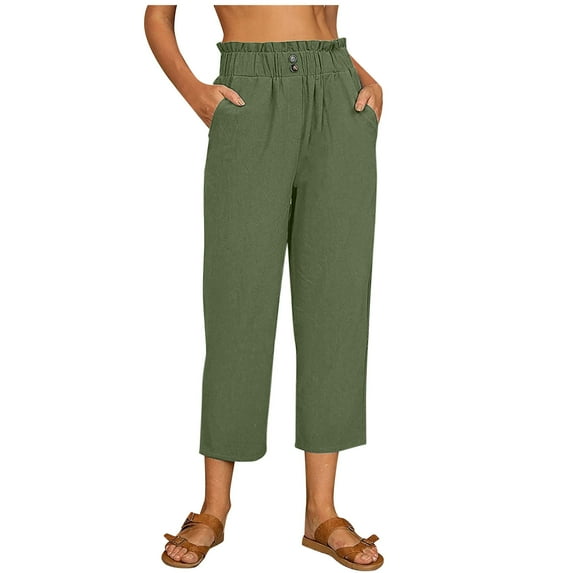 pbnbp Womens Pull On Capris Casual Solid Cotton Linen Capri Pants for Women High Elatsic Waist Basic Button Pockets 9 Length Straight Leg Pants