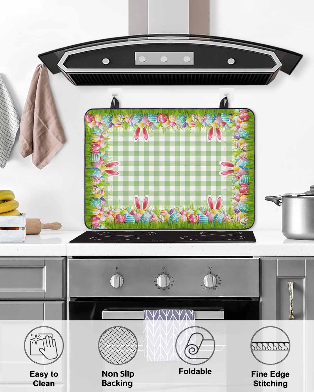 Large Induction Cooktop Protector Mat Easter Stove Top Covers for Electric Stove, Rabbit Ears Colorful Eggs Green White Buffalo Plaid Decorative Stove Burner Cover Mats, Glass Top Stove Cover