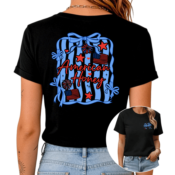 UNISHE Women's Patriotic USA Bow Honey Print Short Sleeve T-Shirt Black S-5XL Fashion Oversized Top