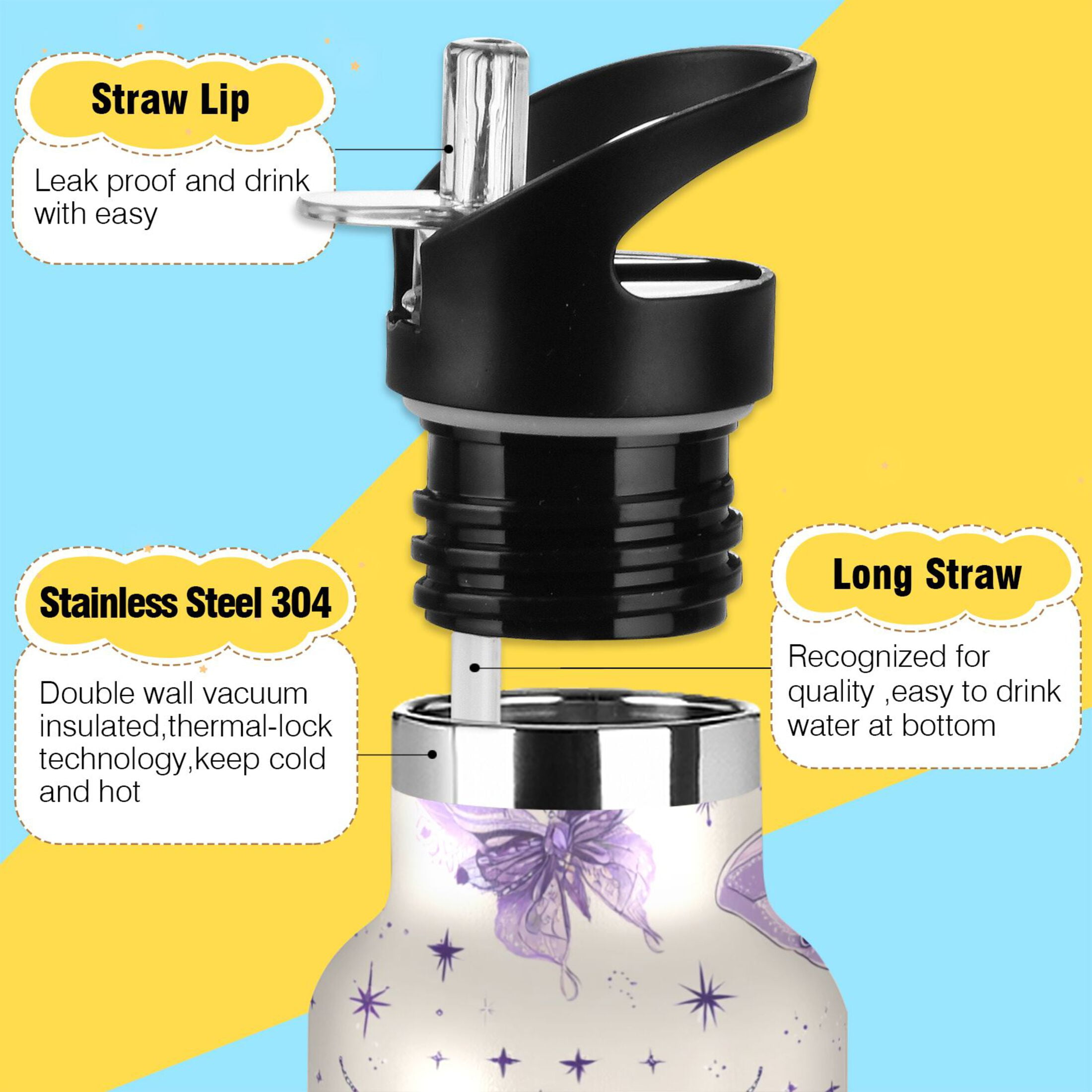 600ML Stainless Steel Insulated Cup Sports Water Bottle Portable Thermos Cup Water Glasses Insulated Tumblers Convenient and Durable Beautiful Purple Butterflies
