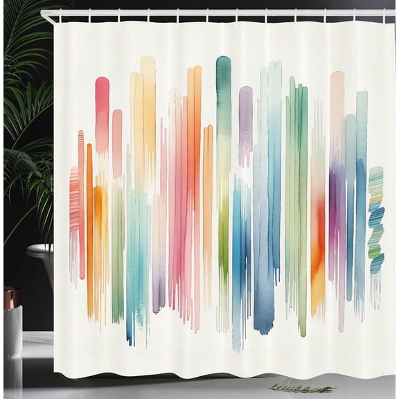 Colorful Shower Curtain, Brushstroke Lines Watercolor Effect Rainbow Colors Modern and Simple, Cloth Fabric Bathroom Decor Set with Hooks, 60x72 inch, Off White and Multicolor