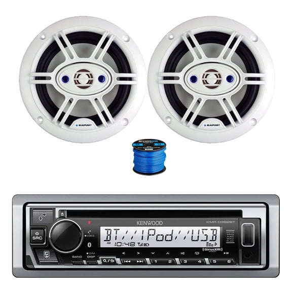 Kenwood KMR-D382BT Single DIN CD Player Bluetooth Marine Receiver, 2x 6.5" 240 Watt Max 4-Way Marine Outdoor Audio Speakers (White) w/Wire
