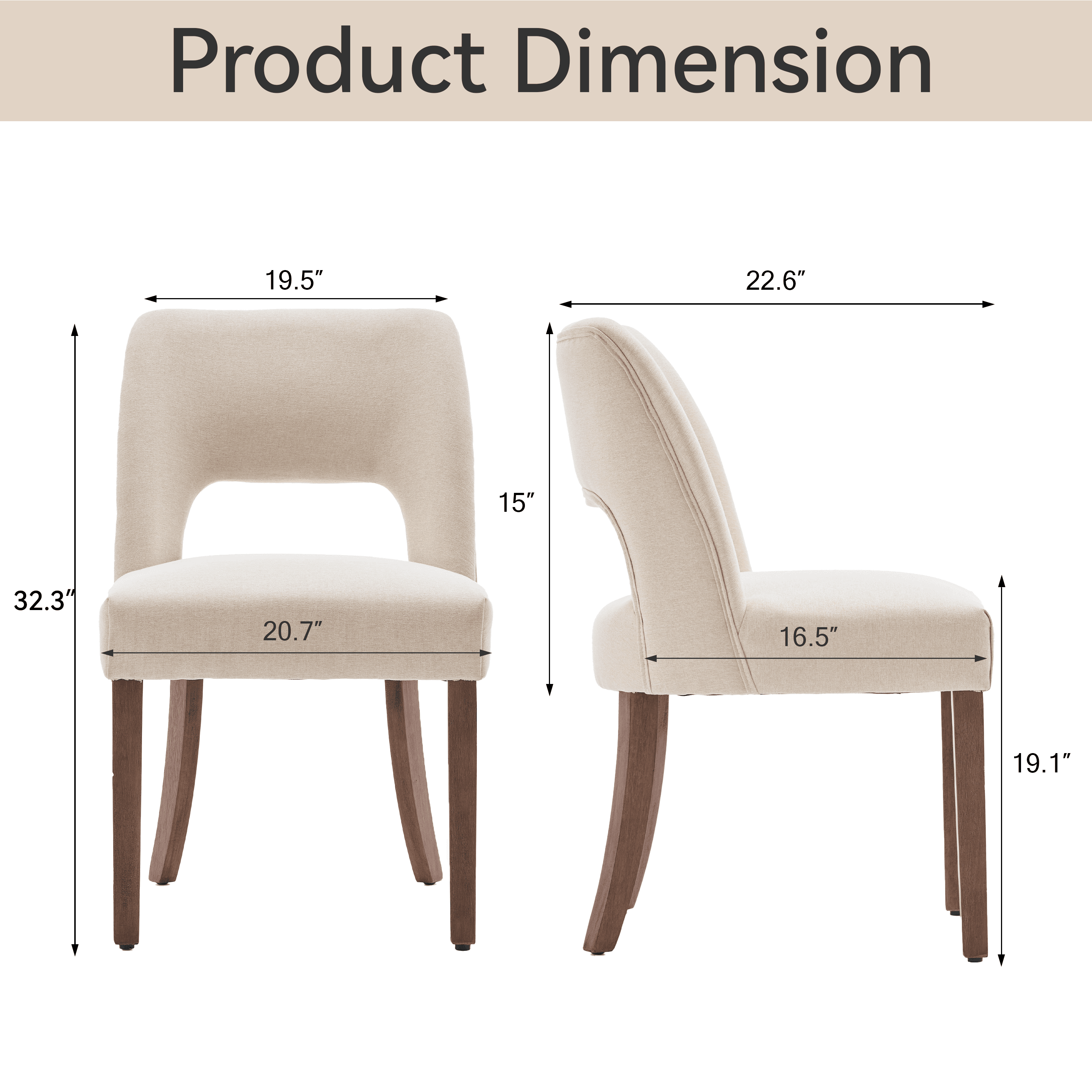 Vknow Furniture Modern Chenille Upholstered Dining Chairs Set of 2 with Cutout Back and Solid Wood Legs for Dining Room, Kitchen and Living Room,Beige