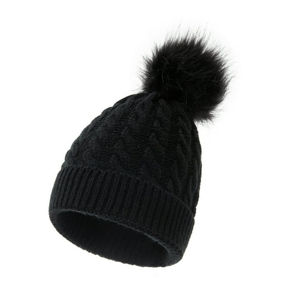 Outfmvch Beanie Winter Hats For Women Kids Winter Hat Toddler Knitted Pom Beanie Hat Cotton Lined Faux Cap Baby Girls Boys Hat Beanies Black One Size