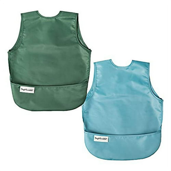 Mess-Proof Apron Bibs 2 Pack Strong Lightweight Baby Toddler Bibs with Tug-Proof Closure - Comfortable Baby Food Bibs with Large Flip Pocket Slate Olive, Small 6-24 Months