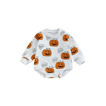 

VISgogo Infant Halloween Romper White Pumpkin Face and Letters Print Round Neck Long Sleeve Jumpsuit