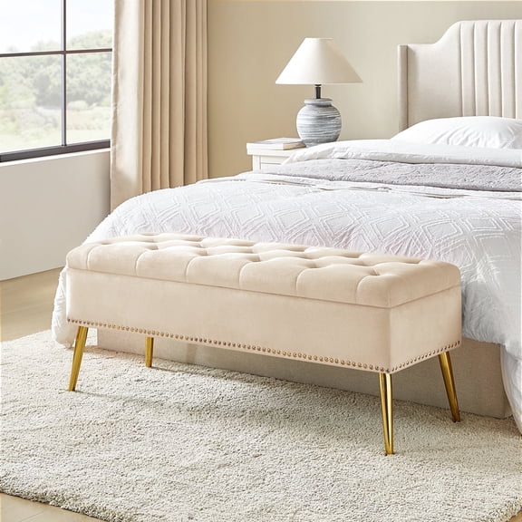 Tina's Home Velvet Storage Bench 45" Upholstered End of Bed Foot Stool Bedroom Entryway Tan