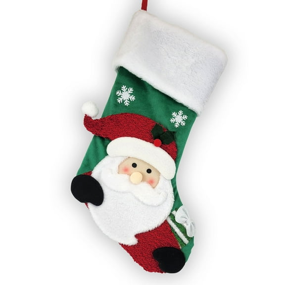GiftsForYouNow Santa Claus Plush Christmas Stocking – Green and Red Holiday Fireplace Decoration for Kids