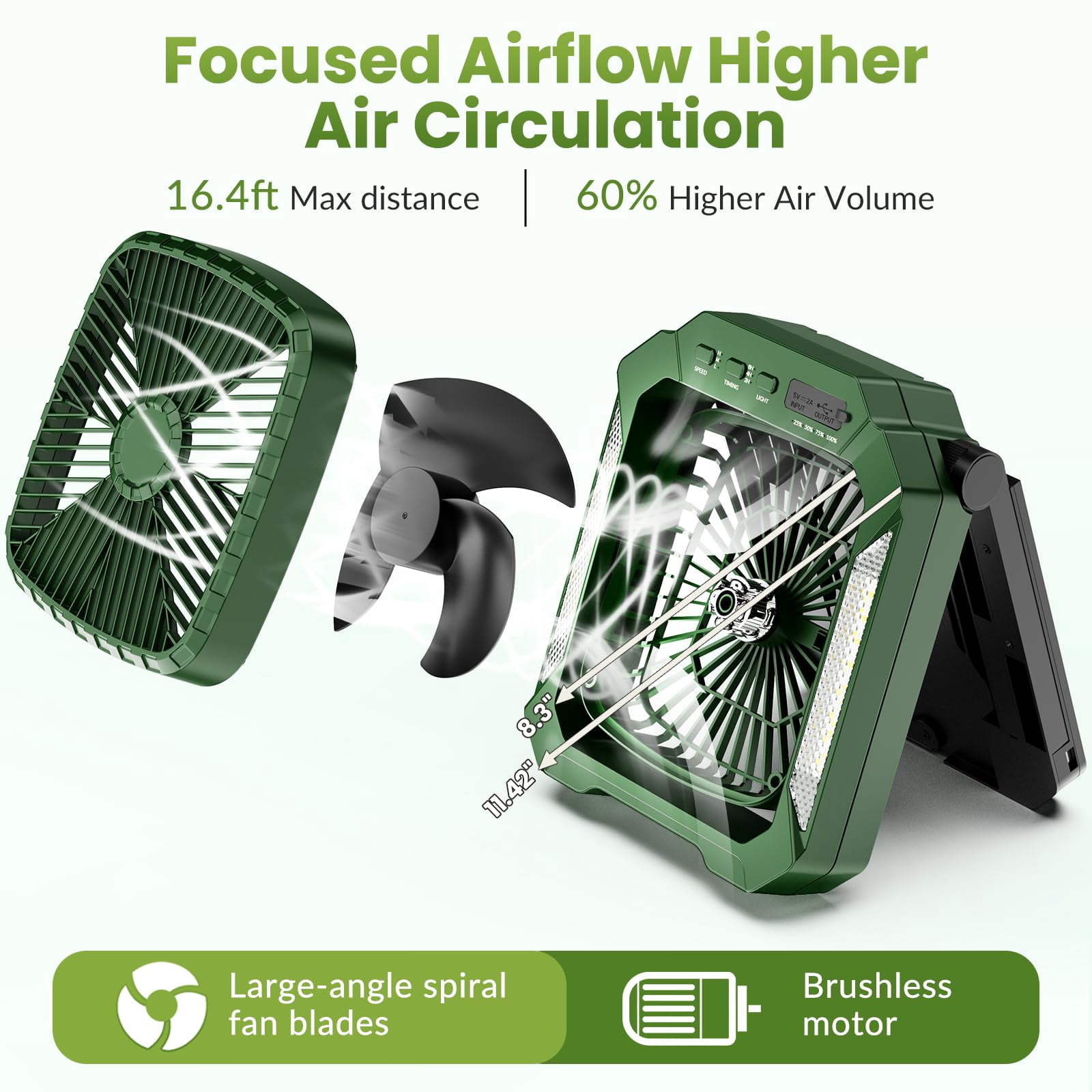 Veubew Camping Fan with LED Lantern, 26800mAh Portable Rechargeable Outdoor Fan with 18W Detachable Solar Panel, Battery Powered Desk Fan for Travel, Hiking, Fishing, Picnic, Green