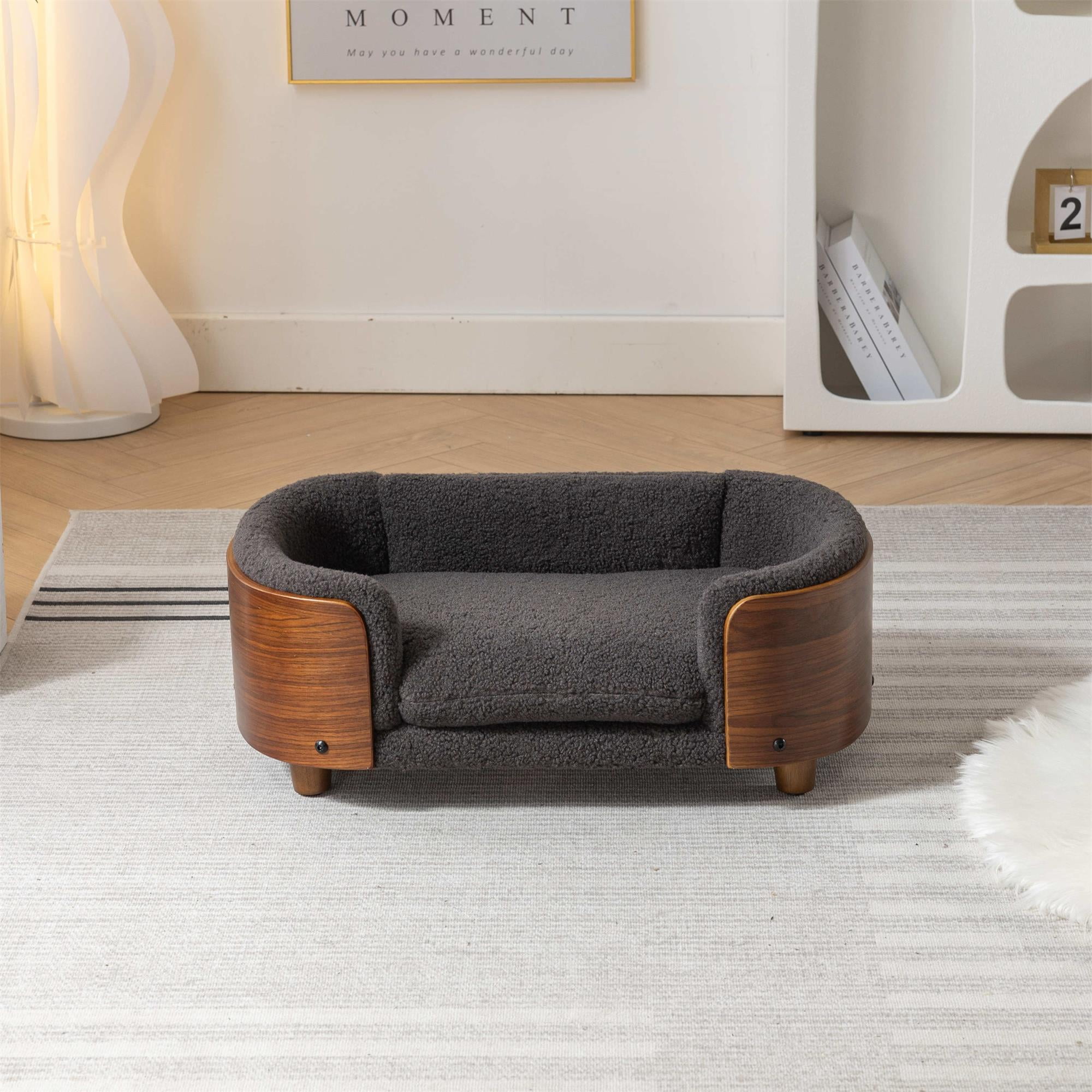 Pefilos 26" Pet Sofa for Indoors Dogs, Cat and Dog Bed with Solid Wood Legs and Walnut Bent Wood Back, Cashmere Cushion, Gray Pefilos 26" Pet Sofa for Indoors Dogs, Cat and Dog Bed with Solid Wood Legs and Walnut Bent Wood Back, Cashmere Cushion, Gray