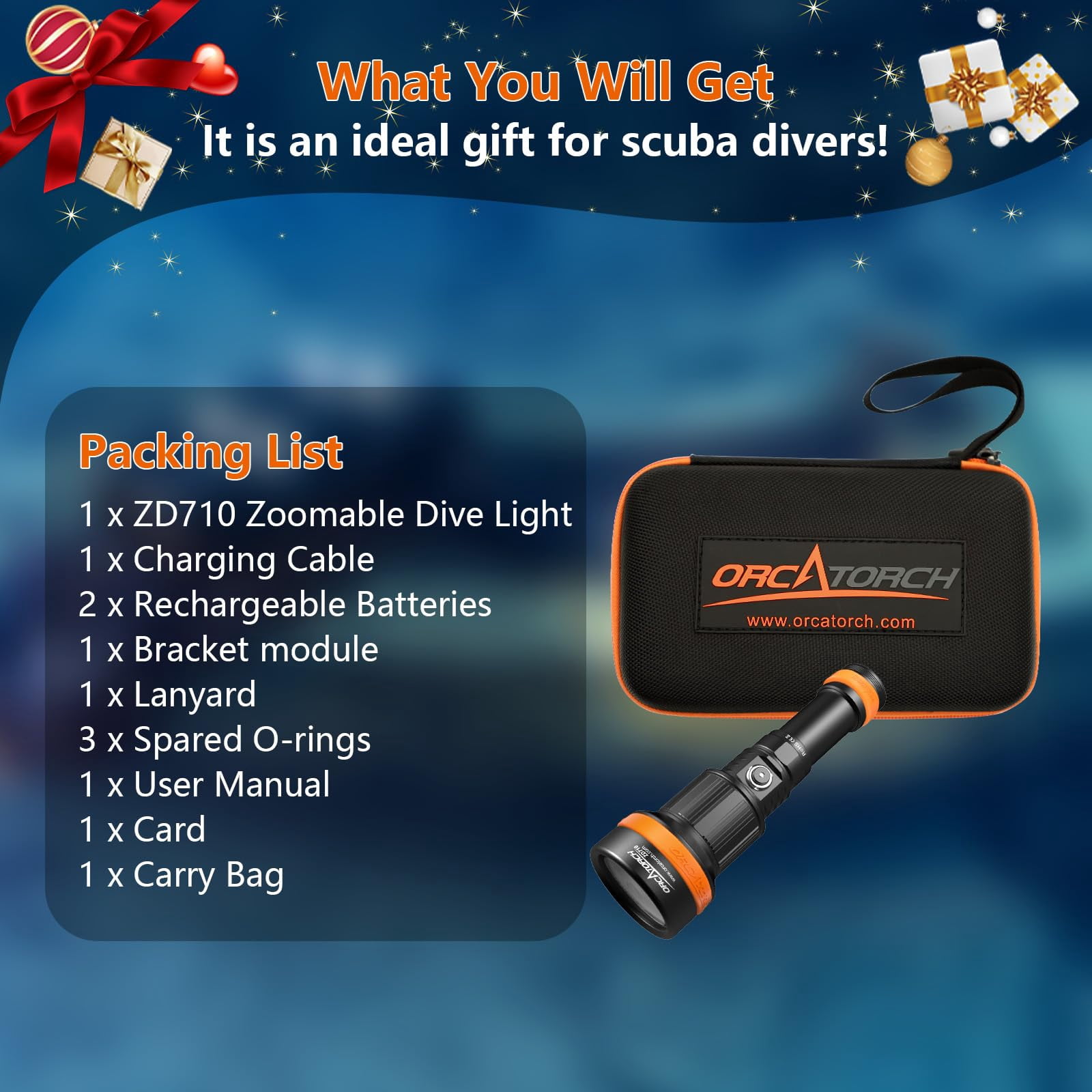 ORCATORCH ZD710 MK2 Zoomable Beam Rechargeable Scuba Diving Flashlight with Spare Battery