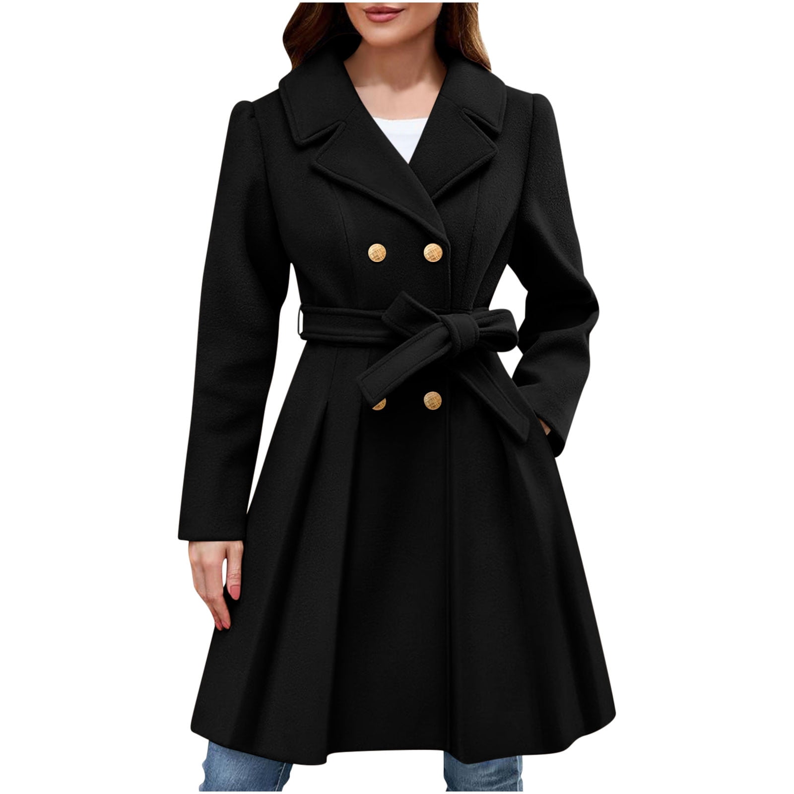 Lovzfmll Women's Wool Coat, Winter Double Breasted Buttoned A-Line