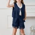 thumbnail image 4 of ZACPNCV Girls 2 Piece Outfits Fall Fringe Suede Vest and Shorts Set Tassel Sleeveless Jackets with High Waist Shorts Navy 9-10 Years, 4 of 9