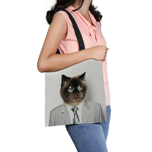 ABPHQTO Gato esponjoso divertido en un traje de negocios Bolsa de lona Reutilizable 36x41 cm