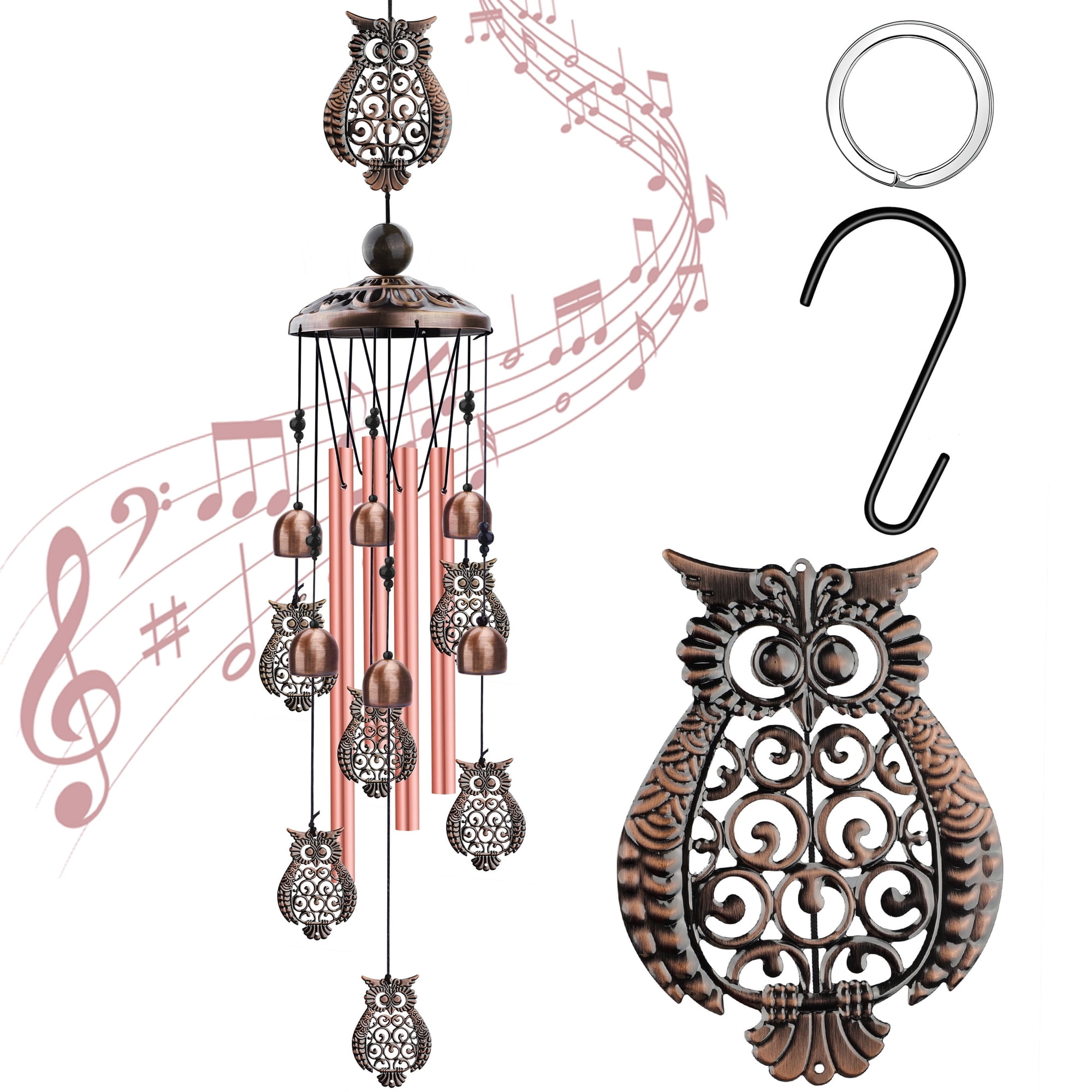 TSV 33.5'' Brown Aluminum Owl Wind Chimes, Outdoor Retro Bell with Hook