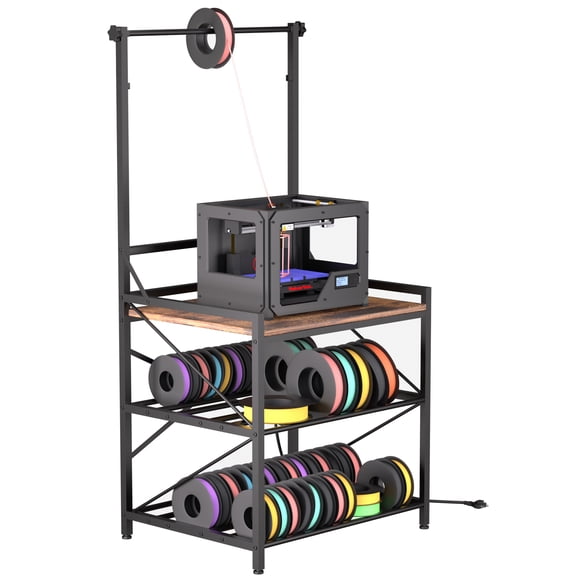 HOHYN 61.9" Universal 3D Printer Stand with 2AC 2USB Power Hub & 3-Tier Adjustable Storage - Industrial-Strength​ X-Bracket Frame for Workshop and Office Organization