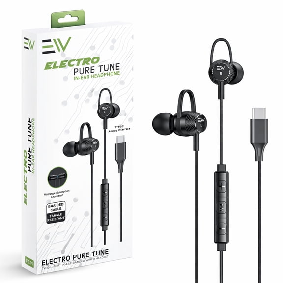 USB C Wired Earbuds with Mic Volume Control Noise Isolating In Ear Headphones with Ear Hooks Braided Cable 10mm Drivers Type C Headphones for Android Phones Tablets Laptops Black